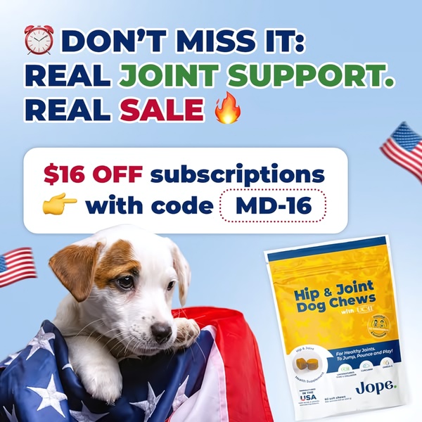 A square ad creative featuring a puppy on an American flag, promoting a discount on Hip & Joint dog chew subscriptions.